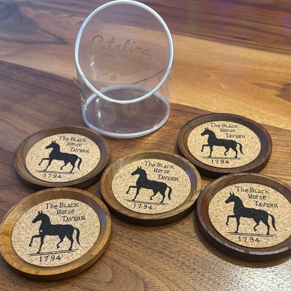 Vintage Wood Cork The Black Horse Tavern Cowboy Drink Coasters Japan (SET OF 5)